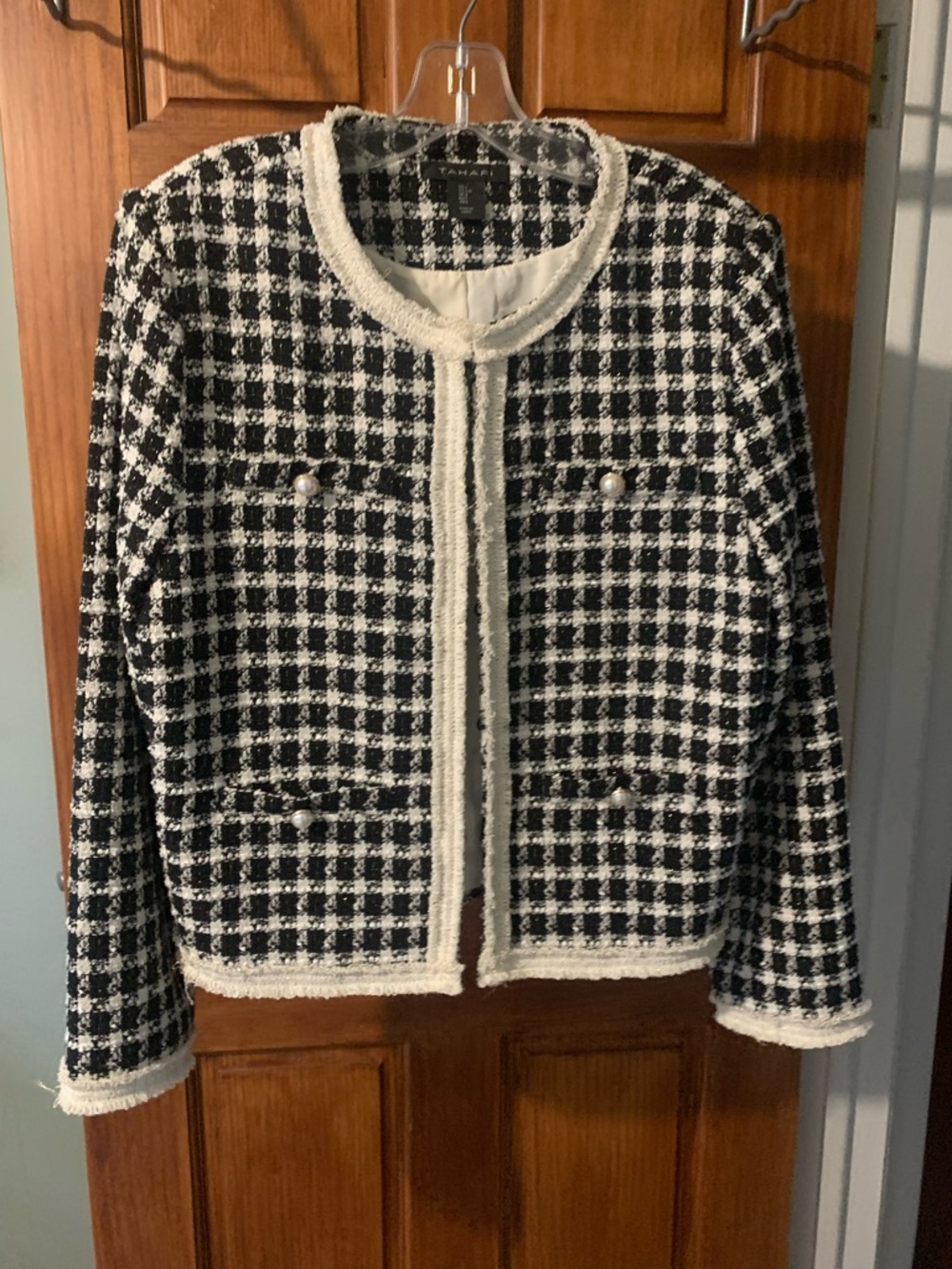 Tahari Black and White Tweed Pearl-Button Jacket